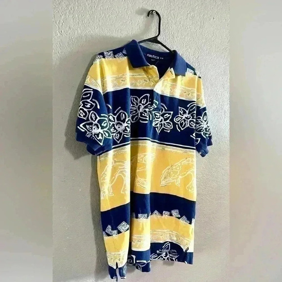 Nautica Mens Polo Yellow Blue Stripe Fish Short Sleeve Casual Polo Size Medium - Picture 2 of 6